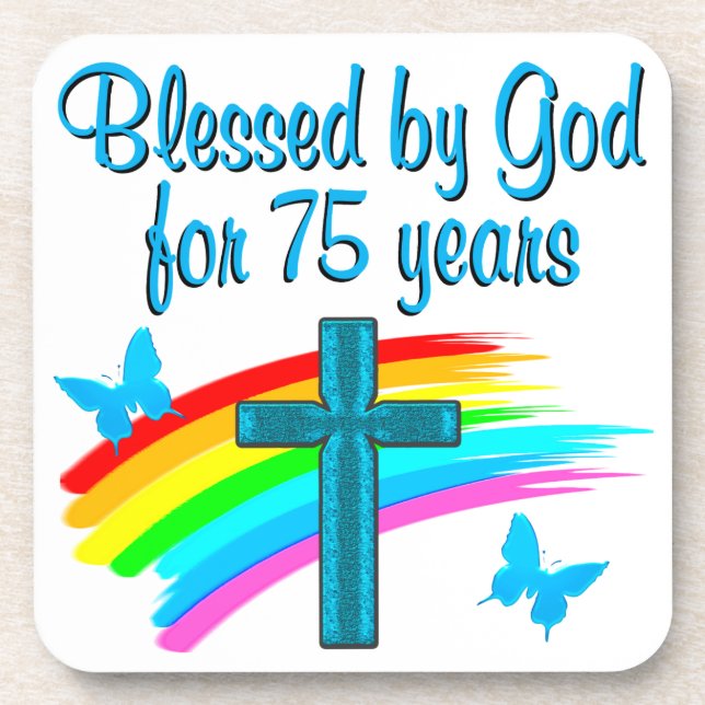 PRETTY BLUE 75TH BIRTHDAY CHRISTIAN DESIGN COASTER (Front)