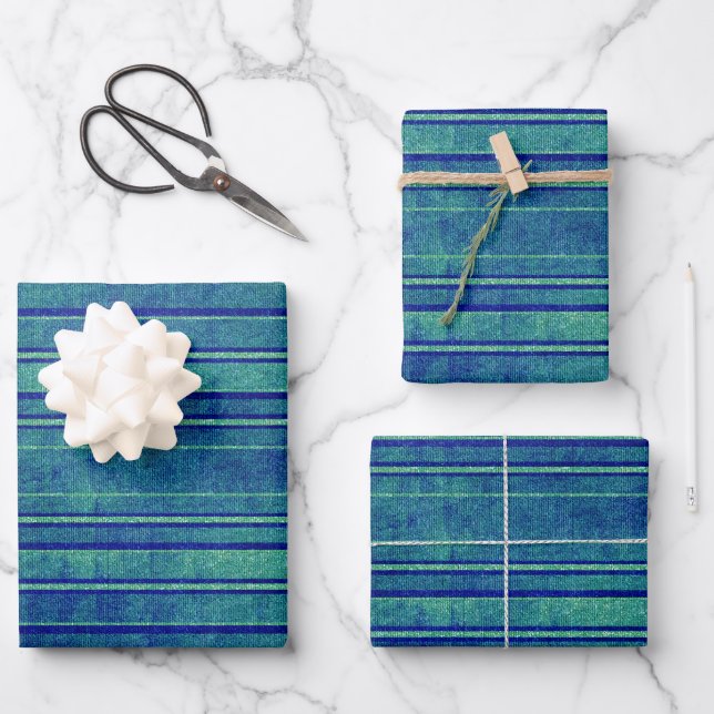 Pretty Blue and Green Distressed  Stripes Pattern Wrapping Paper Sheet (Front)