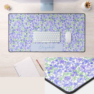 Pretty Blue and Green Floral Custom Name Desk Mat