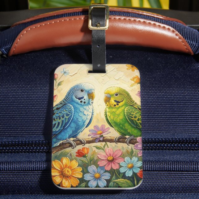 Pretty  Blue and Green Parakeets  Luggage Tag (Front Insitu 2)