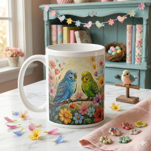 Pretty Blue and Green Parakeets Personalised Coffee Mug