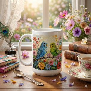 Pretty Blue and Green Parakeets Personalised Coffee Mug