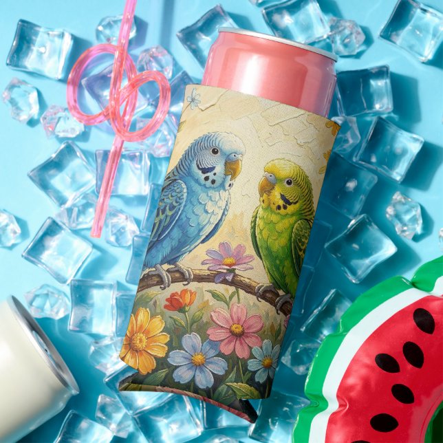 Pretty  Blue and Green Parakeets  Seltzer Can Cooler (In Situ Summer)