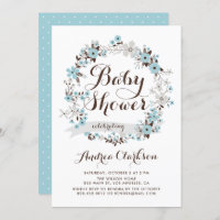 Pretty Blue and Grey Floral Wreath Baby Shower