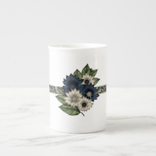 Pretty Blue and Ivory Floral Bone China Mug