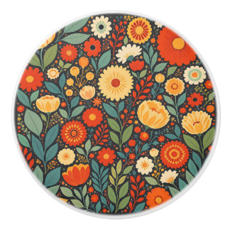 Pretty Blue and Orange Floral Folk Art Ceramic Knob