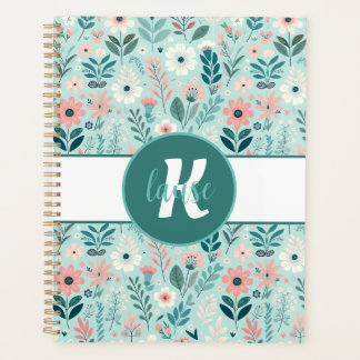 Pretty Blue and Pink Pastel Folk Art Flowers Planner