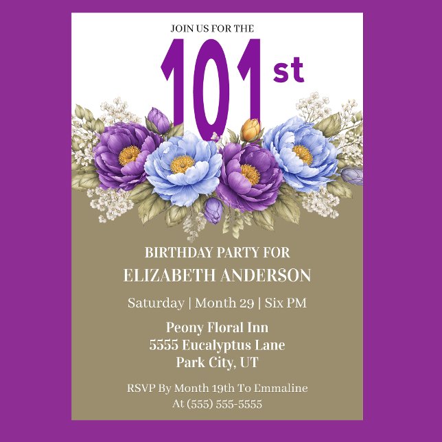 Pretty Blue and Purple Peony 101st Birthday Invitation (Elegant blue and purple peony floral 101st birthday invitation)