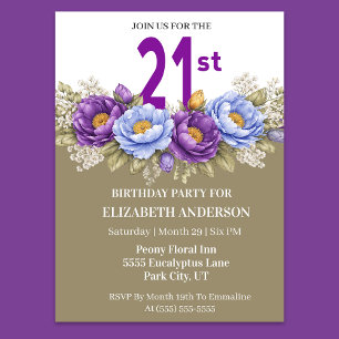Pretty Blue and Purple Peony 21st Birthday Invitation
