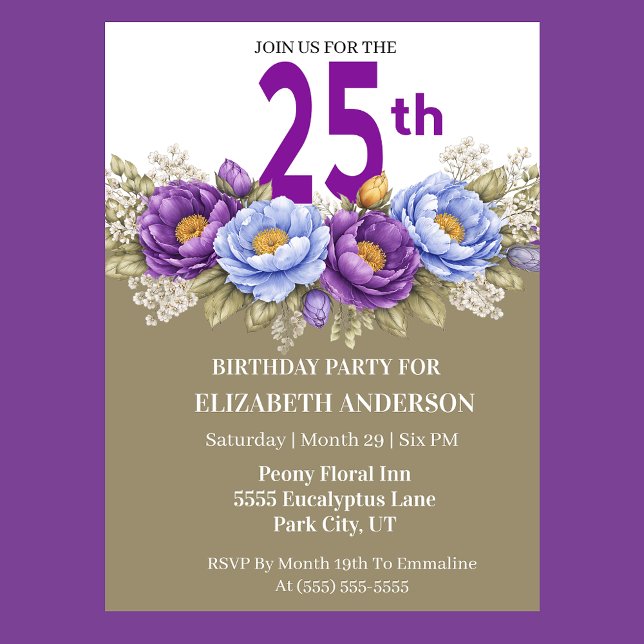 Pretty Blue and Purple Peony 25th Birthday Invitation (Elegant 25th birthday invitation with purple and blue peony)