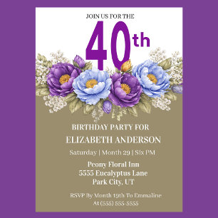 Pretty Blue and Purple Peony 40th Birthday Invitation