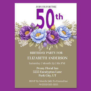 Pretty Blue and Purple Peony 50th Birthday Invitation
