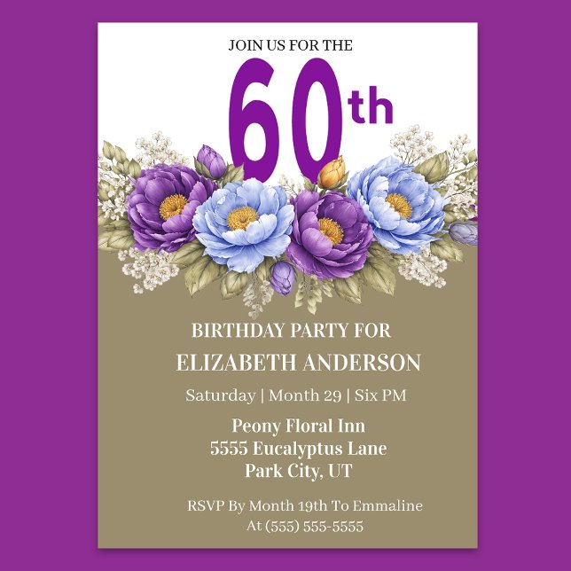 Pretty Blue and Purple Peony 60th Birthday Invitation (Elegant 60th birthday invitation with blue and purple peony flowers)