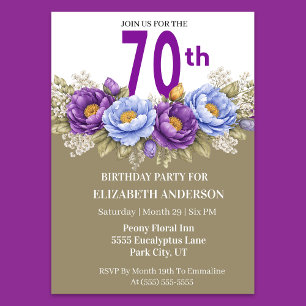 Pretty Blue and Purple Peony 70th Birthday Invitation