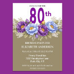 Pretty Blue and Purple Peony 80th Birthday Invitation<br><div class="desc">Celebrate a beautiful milestone with this elegant 80th birthday invitation featuring a stunning arrangement of purple and soft blue peonies accented with delicate greenery. The refined floral design paired with bold, modern typography creates a timeless and sophisticated look perfect for honoring a special woman’s 80th birthday. Ideal for garden parties,...</div>