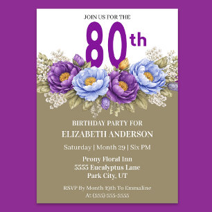 Pretty Blue and Purple Peony 80th Birthday Invitation
