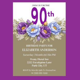 Pretty Blue and Purple Peony 90th Birthday Invitation