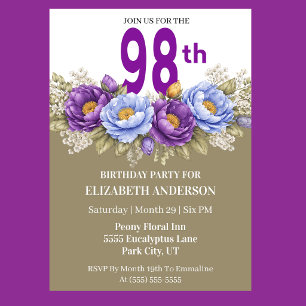 Pretty Blue and Purple Peony 98th Birthday Invitation