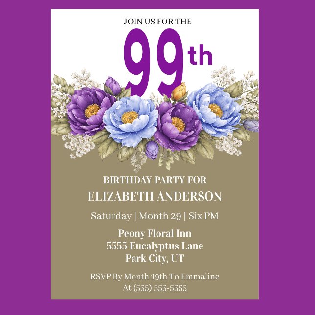 Pretty Blue and Purple Peony 99th Birthday Invitation (Elegant blue and purple peony floral 99th birthday invitation)