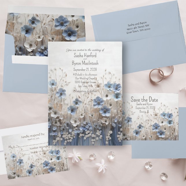 Pretty Blue and White 3D Flower Garden Wedding Invitation (Creator Uploaded)