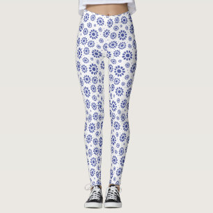 Pretty Blue and White Abstract Daisy Pattern Leggings