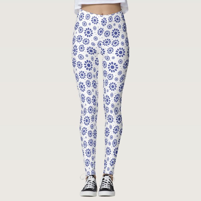 Pretty Blue and White Abstract Daisy Pattern Leggings (Front)