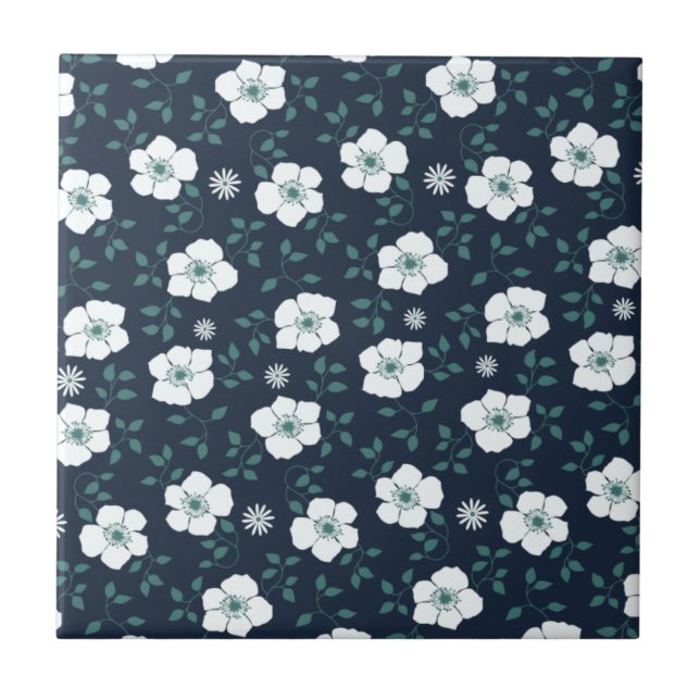 Pretty Blue and White Floral Pattern Tile (Front)