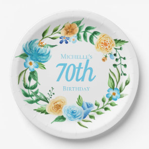 Pretty Blue and Yellow Floral 70th Birthday   Paper Plate