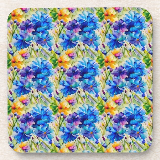 Pretty blue and yellow flower art on  coaster (Front)