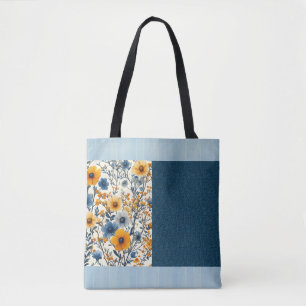 Pretty Blue And Yellow Vintage Floral Half Mix Tote Bag