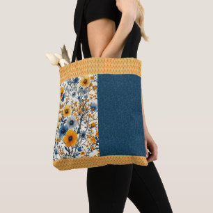 Pretty Blue And Yellow Vintage Floral Half Mix Tote Bag