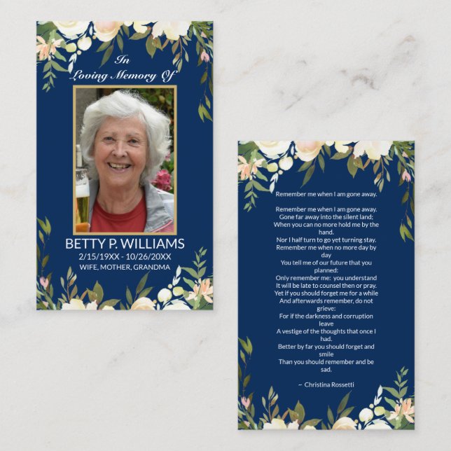 Pretty Blue Antique Floral Gold Frame Prayer Card (Front/Back)