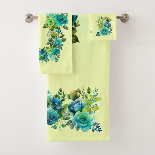 Pretty Blue Aqua Lime Olive Floral Towel Set (Insitu)