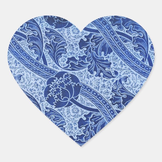 Pretty Blue Art Nouveau Floral Pattern Heart Sticker (Front)