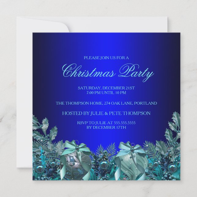 Pretty Blue Bauble & Bow Christmas Party Invite (Front)