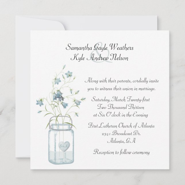 Pretty Blue Bells & Mason Jar Wedding Invitation (Front)