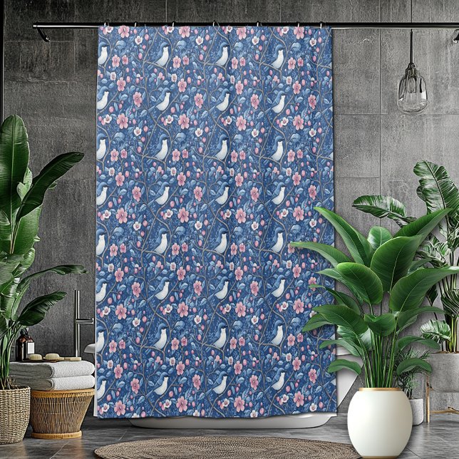 Pretty Blue Birds Pink Roses Elegant Shower Curtain (Creator Uploaded)