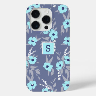 Pretty Blue Blooms Pattern Monogram / Initial iPhone 15 Pro Case
