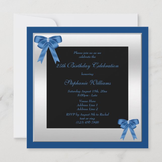 Pretty Blue Bows & Silver Framed Birthday Invitation (Front)