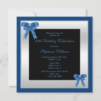 Pretty Blue Bows & Silver Framed Birthday Invitation