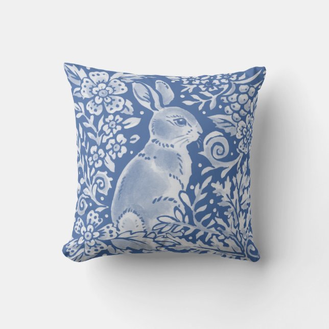 Pretty Blue Bunny Forest Floral Woodland Rabbit Cushion (Front)
