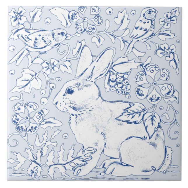 Pretty Blue Bunny Rabbit Bird Floral Faces Left Tile (Front)