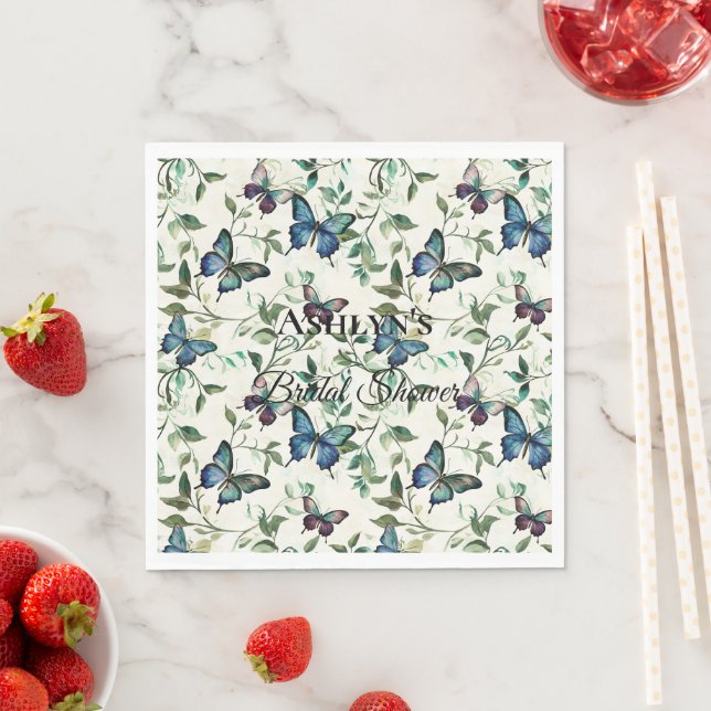 Pretty Blue Butterflies Bridal Shower Napkin (Insitu)