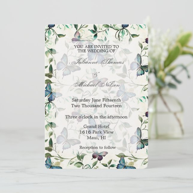 Pretty Blue Butterflies Wedding Invitation (Standing Front)