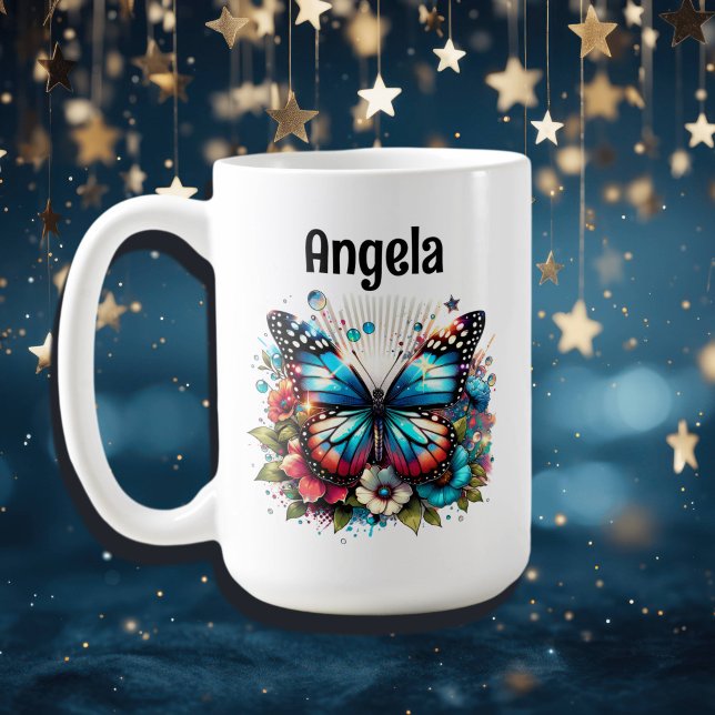 Pretty Blue Butterfly and Flowers Personalised Coffee Mug (Creator Uploaded)