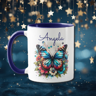Pretty Blue Butterfly and Flowers Personalised Mug