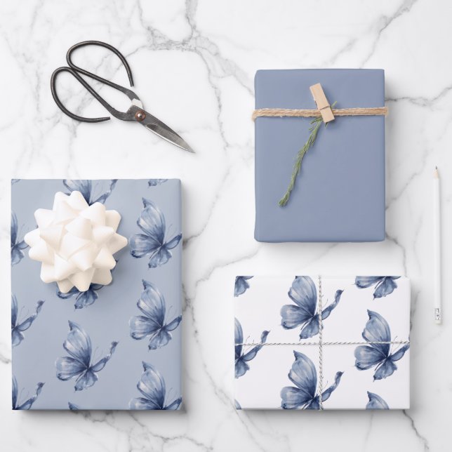 Pretty Blue Butterfly Birthday Wrapping Paper Sheet (Front)