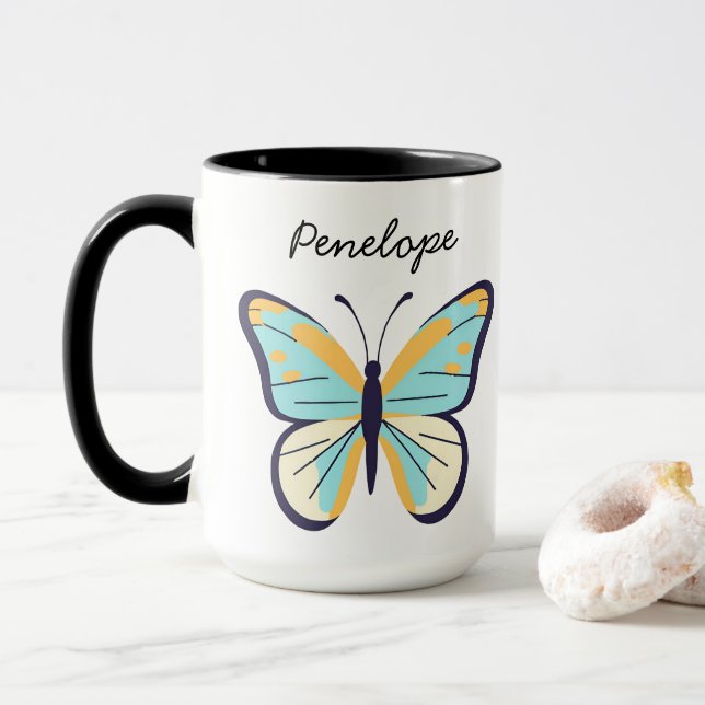 Pretty Blue Butterfly • Customisable Name Mug (With Donut)