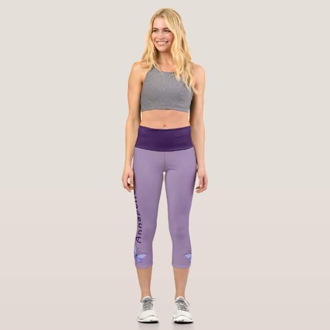 Pretty Blue Butterfly - Name - Violet Capri Leggings (Front)