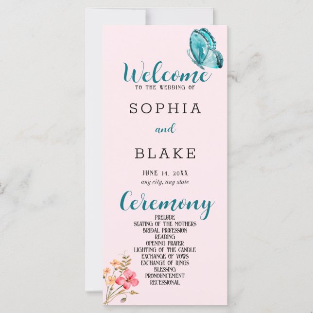 Pretty Blue Butterfly Pink Wedding Program (Front)